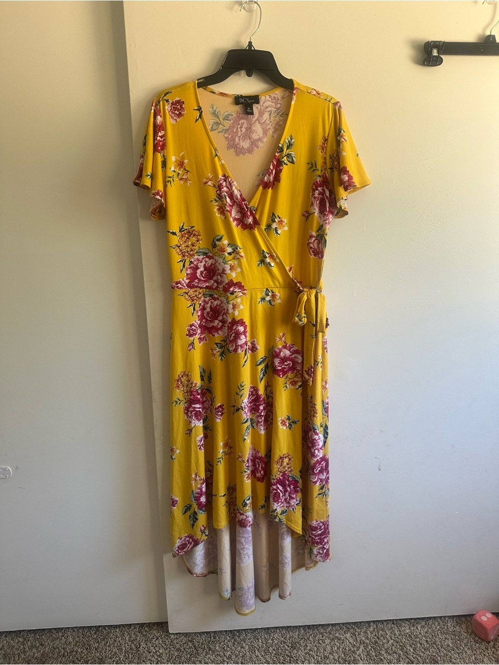BCX Yellow Floral Faux Wrap High-Low Dress with Side Tie